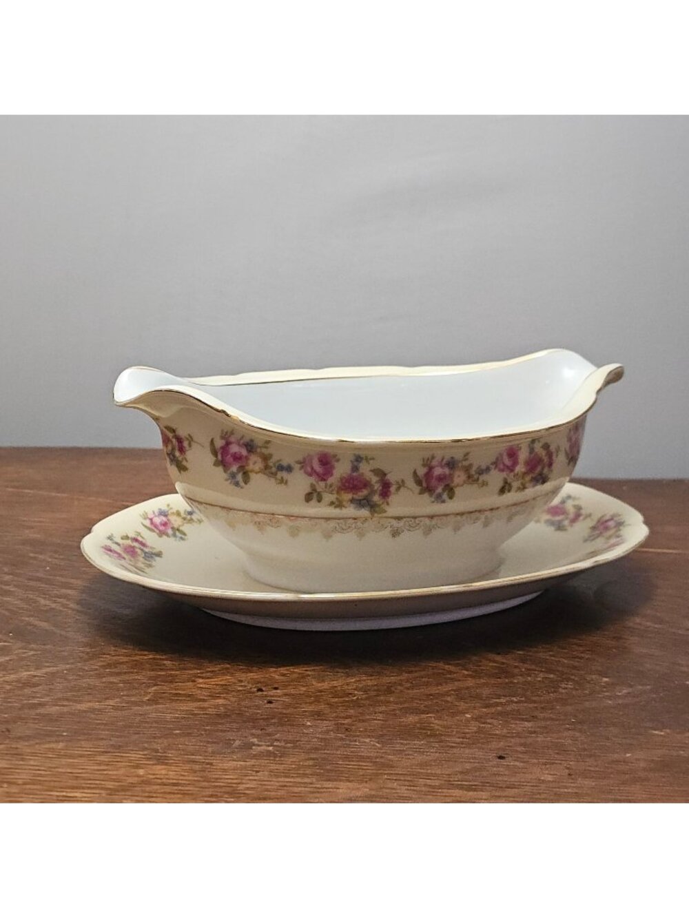 Gold Castle Hostess Gravy Boat 40s Occupied Japan vtg floral cabbage rose gold